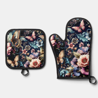 Antique Spring Flowers and Butterflies  Oven Mitt & Pot Holder Set