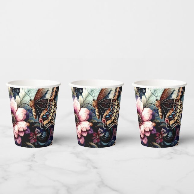 Antique Spring Flowers and Butterflies  Paper Cups (Multi)