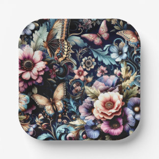 Antique Spring Flowers and Butterflies  Paper Plates