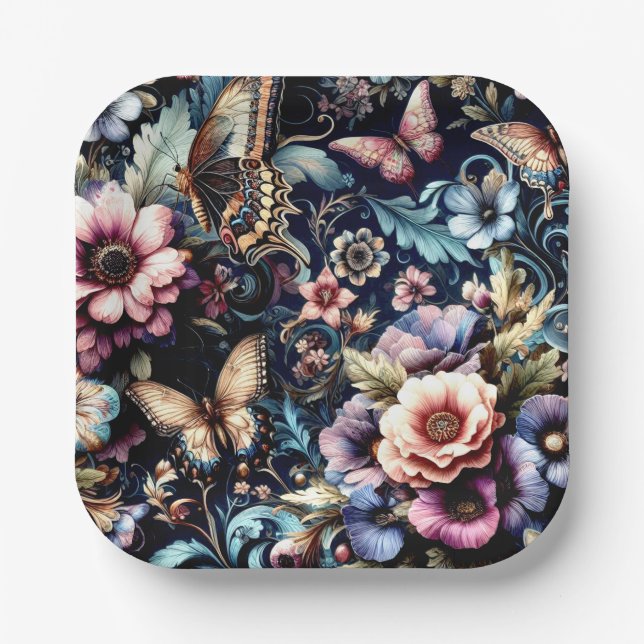 Antique Spring Flowers and Butterflies  Paper Plates (Front)