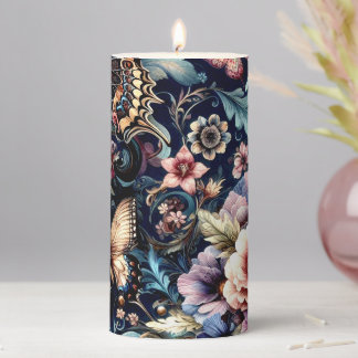Antique Spring Flowers and Butterflies  Pillar Candle