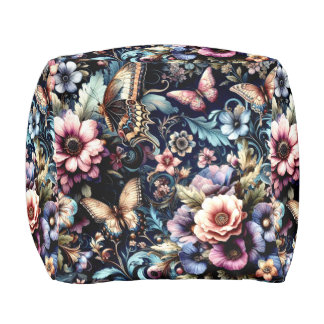 Antique Spring Flowers and Butterflies  Pouf