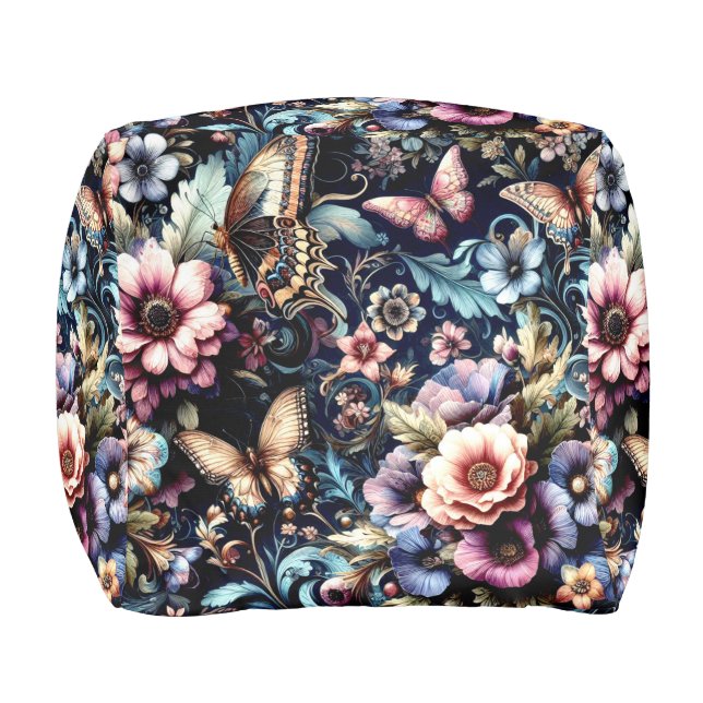 Antique Spring Flowers and Butterflies  Pouf (Front)