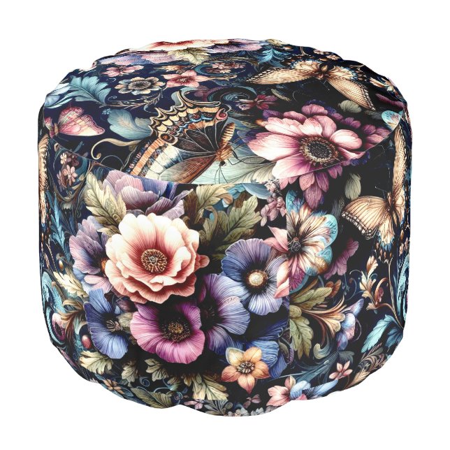 Antique Spring Flowers and Butterflies  Pouf (Angled Front)