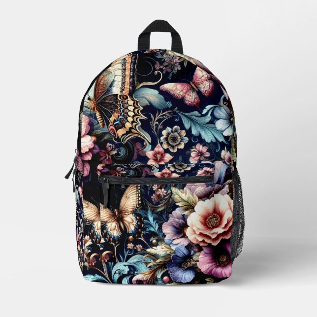 Antique Spring Flowers and Butterflies  Printed Backpack (Front)