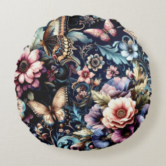 Antique Spring Flowers and Butterflies Round Pillow