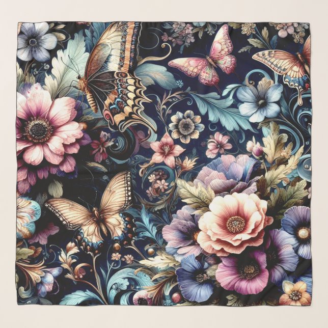 Antique Spring Flowers and Butterflies  Scarf (Front)