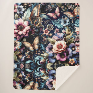 Antique Spring Flowers and Butterflies  Sherpa Blanket