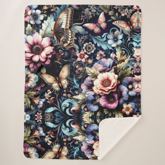 Antique Spring Flowers and Butterflies  Sherpa Blanket (Front)