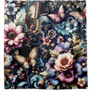 Antique Spring Flowers and Butterflies  Shower Curtain