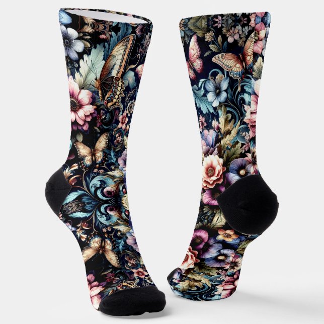 Antique Spring Flowers and Butterflies  Socks (Angled)