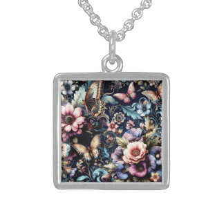 Antique Spring Flowers and Butterflies  Sterling Silver Necklace