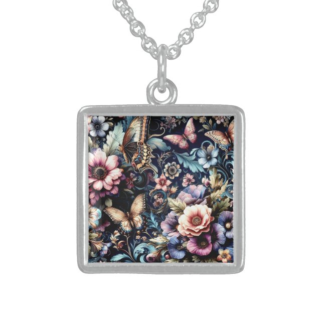 Antique Spring Flowers and Butterflies  Sterling Silver Necklace (Front)