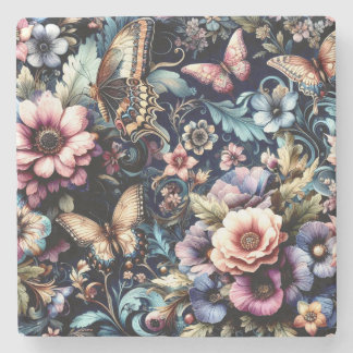 Antique Spring Flowers and Butterflies Stone Coaster
