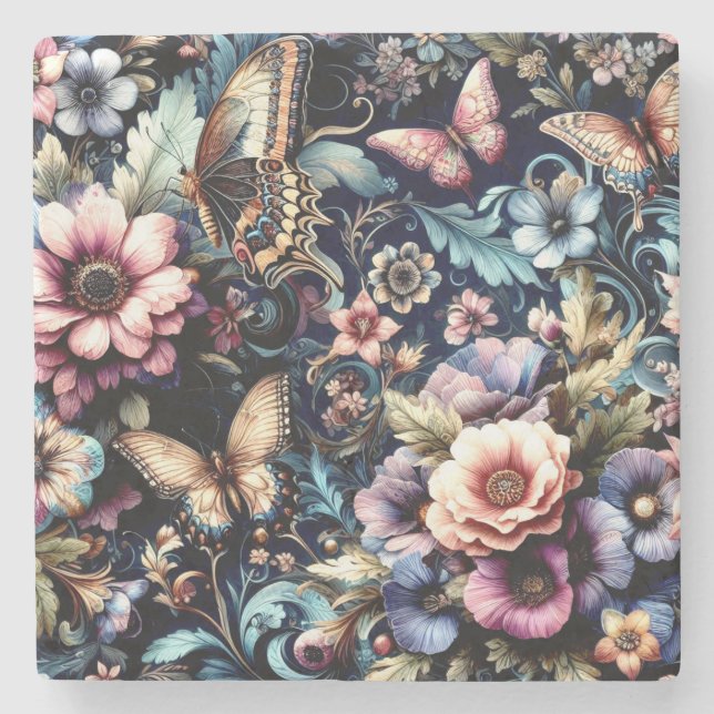 Antique Spring Flowers and Butterflies  Stone Coaster (Front)