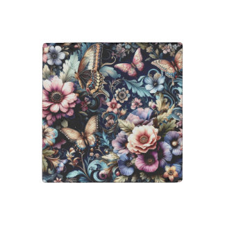 Antique Spring Flowers and Butterflies  Stone Magnet