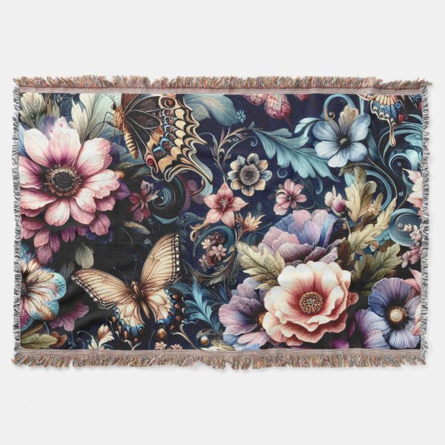 Antique Spring Flowers and Butterflies  Throw Blanket (Front)