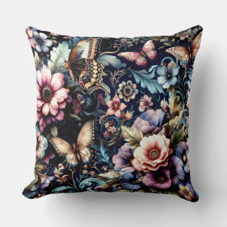 Antique Spring Flowers and Butterflies Throw Pillow