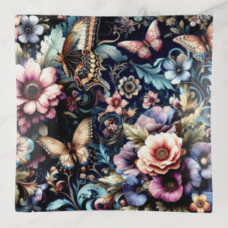 Antique Spring Flowers and Butterflies  Trinket Tray