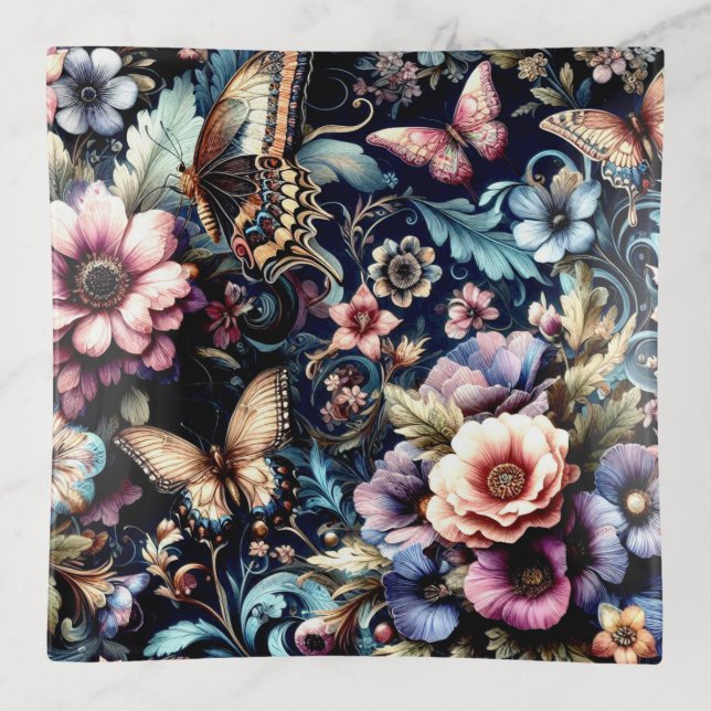 Antique Spring Flowers and Butterflies  Trinket Tray (Front)