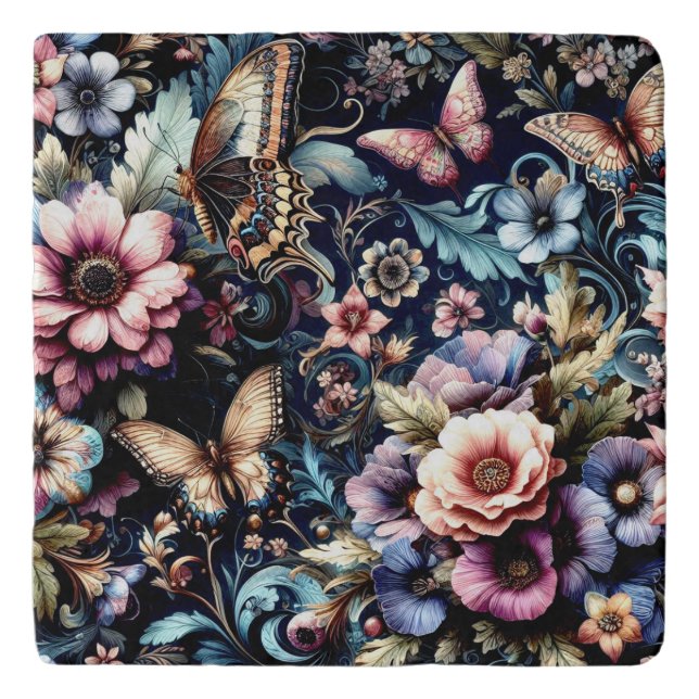 Antique Spring Flowers and Butterflies  Trivet (Front)