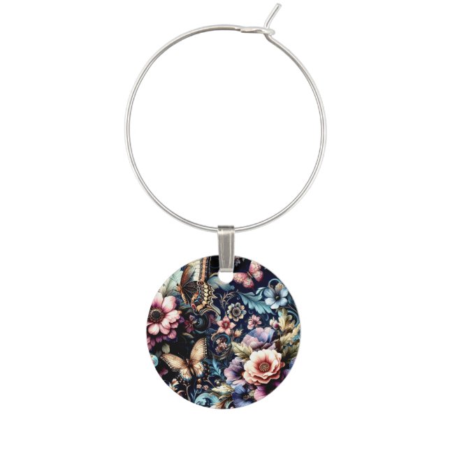 Antique Spring Flowers and Butterflies  Wine Charm (Front)