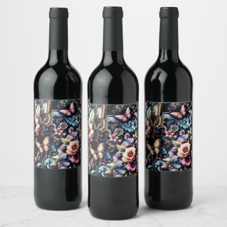 Antique Spring Flowers and Butterflies  Wine Label