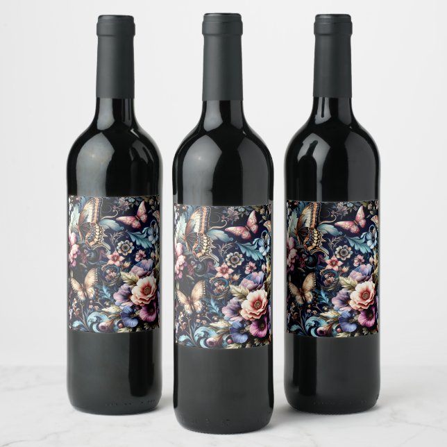 Antique Spring Flowers and Butterflies  Wine Label (Bottles)
