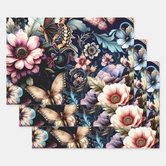Antique Spring Flowers and Butterflies  Wrapping Paper Sheets (Set)
