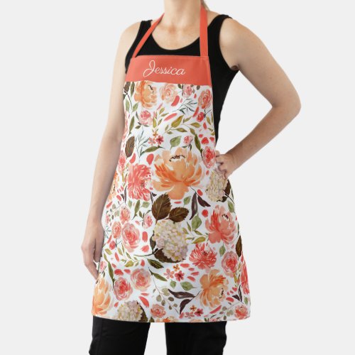 Antique Spring Watercolor Floral Peach Coral Name Apron