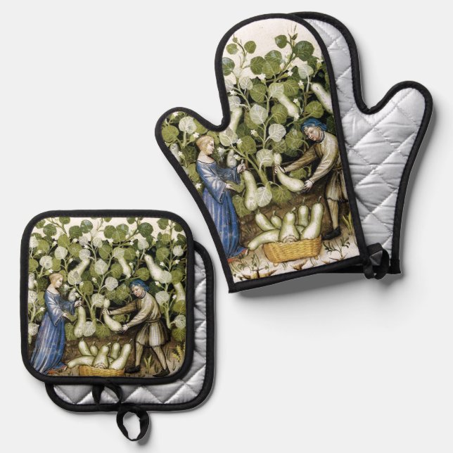 ANTIQUE SQUASH  HARVEST Medieval Miniature Cutting Oven Mitt & Pot Holder Set (Front/Back)