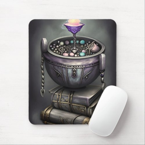 Antique Steampunk Cauldron  Stack of Spellbooks Mouse Pad