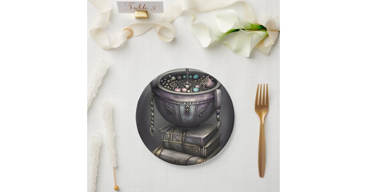 Cauldron Stack Antique Steampunk Cauldron | Stack of Spellbooks Paper Plates | Zazzle