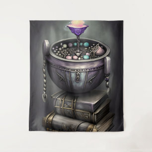 Antique Steampunk Cauldron Stack of Spellbooks Tapestry