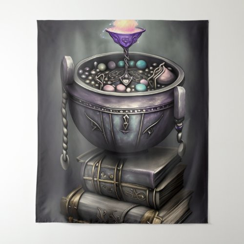 Antique Steampunk Cauldron  Stack of Spellbooks Tapestry