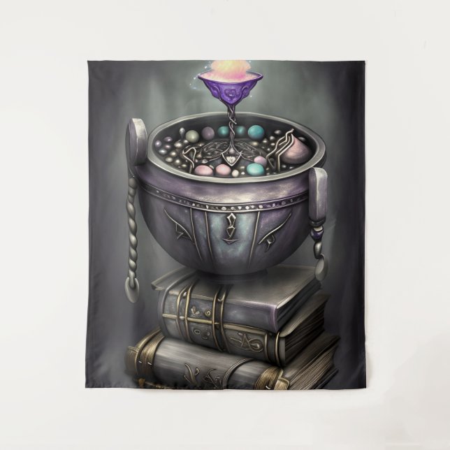 Antique Steampunk Cauldron | Stack of Spellbooks Tapestry (Front)