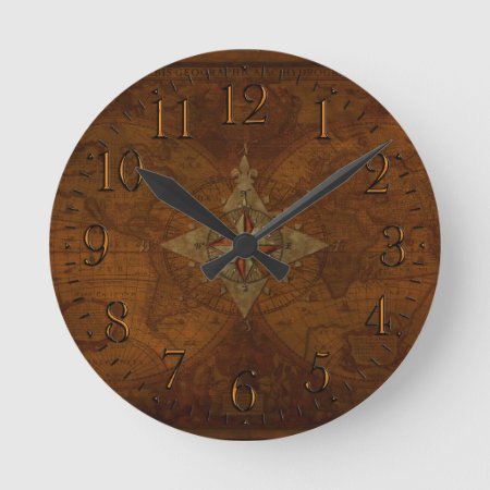 Antique Steampunk Compass Rose & Old World Map Round Clock