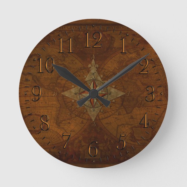 Antique Steampunk Compass Rose & Old World Map Round Clock (Front)