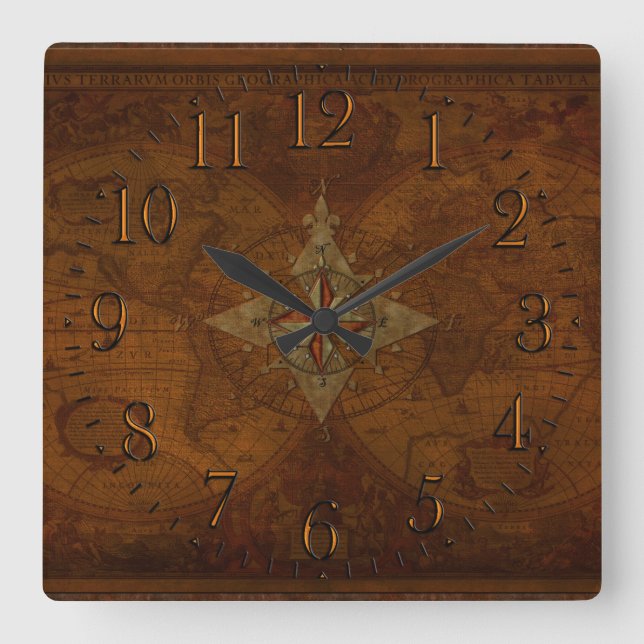 Antique Steampunk Compass Rose & Old World Map Square Wall Clock (Front)