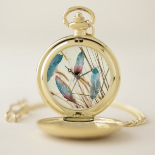 Antique Steampunk Teal Rose Feather Heirloom Art Pocket Watch