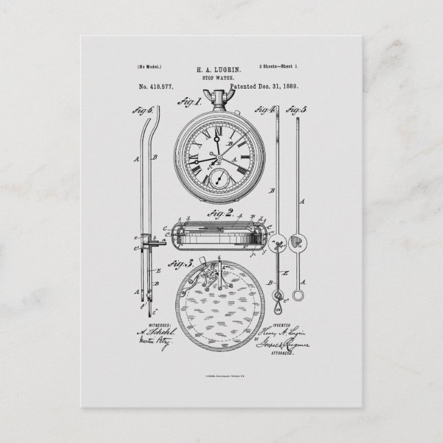 Antique Stopwatch, 1889 Patent Drawing Postcard (Front)