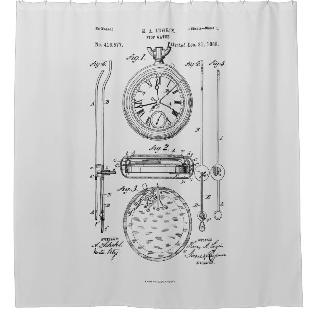 Antique Stopwatch, 1889 Patent Drawing Shower Curtain (Front)