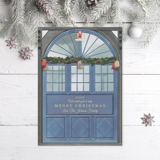 Antique Storefront Illustration Blue Holiday Card