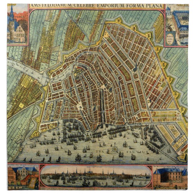 Antique Street Map of Amsterdam, Netherlands Cloth Napkin (Front)