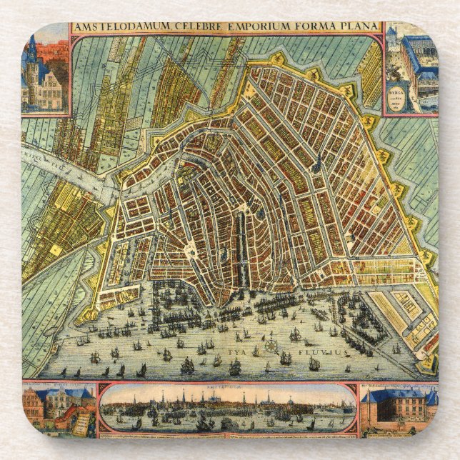 Antique Street Map of Amsterdam, Netherlands Drink Coaster (Front)