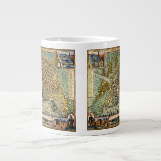 Antique Street Map of Amsterdam, Netherlands Giant Coffee Mug (Front)