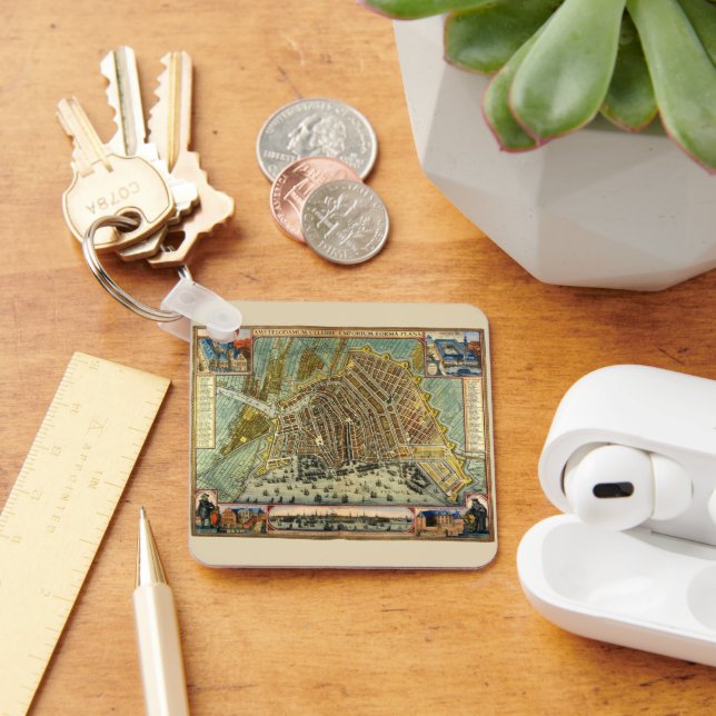 Antique Street Map of Amsterdam, Netherlands Keychain (Desk)