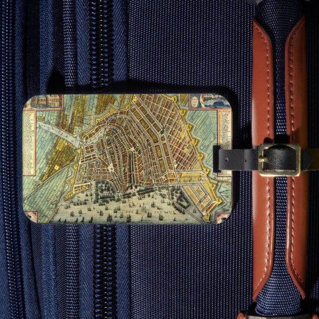 Antique Street Map of Amsterdam, Netherlands Luggage Tag (Front Insitu 4)