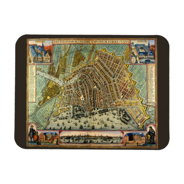 Antique Street Map of Amsterdam, Netherlands Magnet (Horizontal)