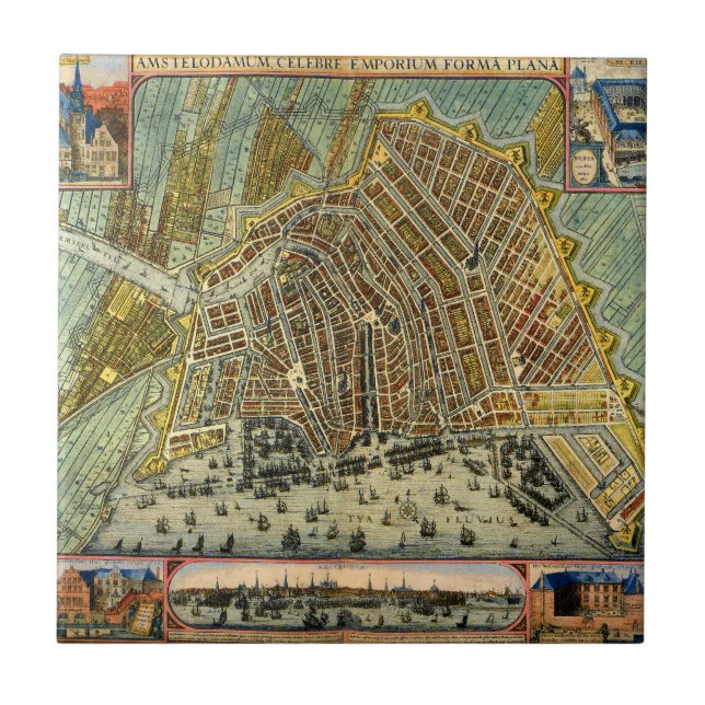 Antique Street Map of Amsterdam, Netherlands Tile (Front)